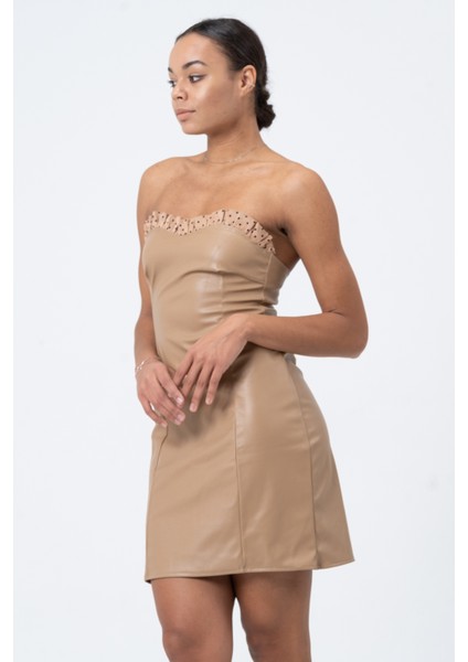 Göğüs Fırfır Detaylı Straplez Mini Sütlü Kahve Deri Dar Elbise,tasarım,hediye,büyük Beden fiyatları