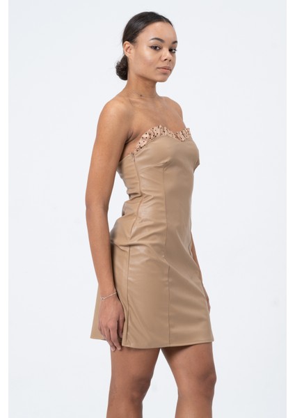 Göğüs Fırfır Detaylı Straplez Mini Sütlü Kahve Deri Dar Elbise,tasarım,hediye,büyük Beden modelleri