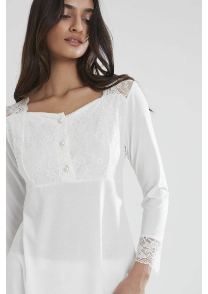 Kadın Penye Dantelli Pijama Takımı 1241 Ekru