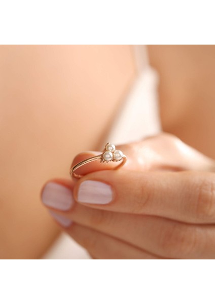 14 Ayar Rose Altın Inci Yüzük Trio 3mm