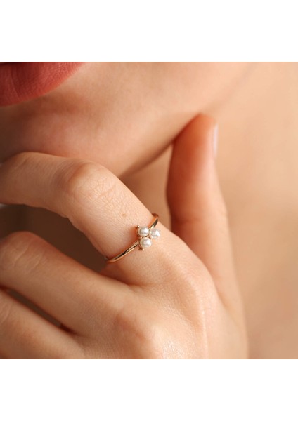 14 Ayar Rose Altın Inci Yüzük Trio 3mm modelleri