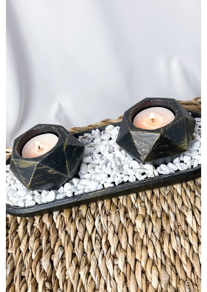 2'li Prizma Siyah Üstü Sarı Yaldızlı Tealight Mumluk Seti • Oval Sunum Tepsili