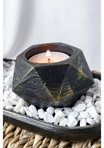 2'li Prizma Siyah Üstü Sarı Yaldızlı Tealight Mumluk Seti • Oval Sunum Tepsili