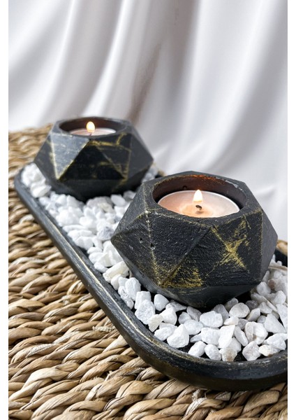 2'li Prizma Siyah Üstü Sarı Yaldızlı Tealight Mumluk Seti • Oval Sunum Tepsili