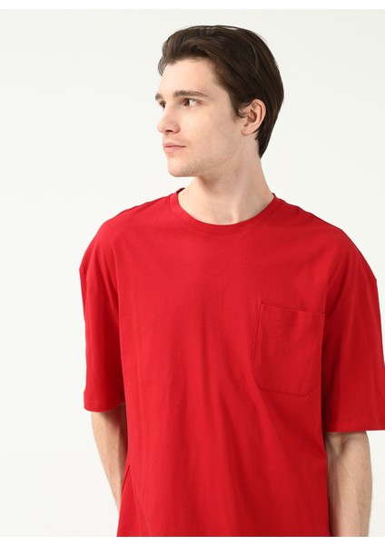 Bisiklet Yaka Baskılı Kırmızı Erkek T-Shirt TC9011BASIC Cepli