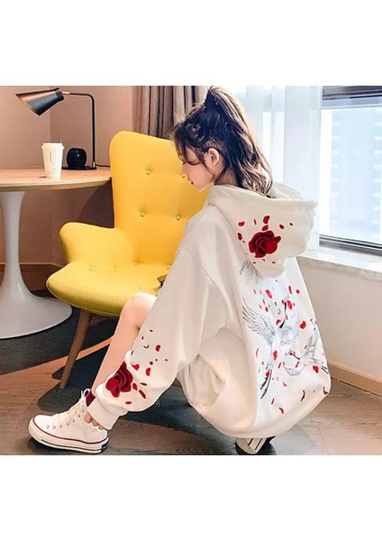 Özel Üretim Kapüşonlu Tam Fermuarlı Red Rose Baskılı Pamuk Süper Oversize Kadın Sweatshirt