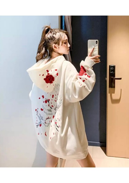 Özel Üretim Kapüşonlu Tam Fermuarlı Red Rose Baskılı Pamuk Süper Oversize Kadın Sweatshirt
