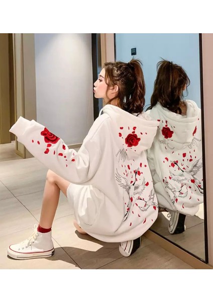 Özel Üretim Kapüşonlu Tam Fermuarlı Red Rose Baskılı Pamuk Süper Oversize Kadın Sweatshirt