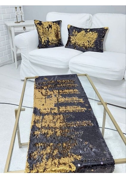 Pul Payetli 5mm Çift Renk Kırlent Kılıfı Runner Kombin Set