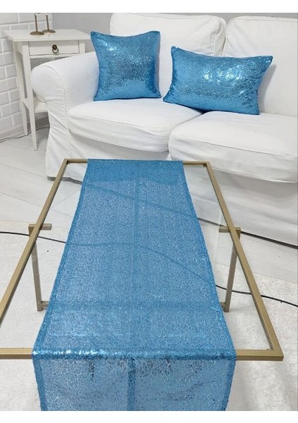 Pul Payetli 3mm Kırlent Kılıfı Runner Kombin Set