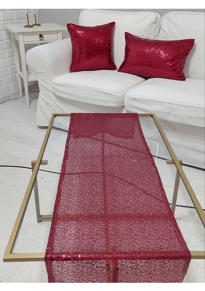 Pul Payetli 3mm Kırlent Kılıfı Runner Kombin Set