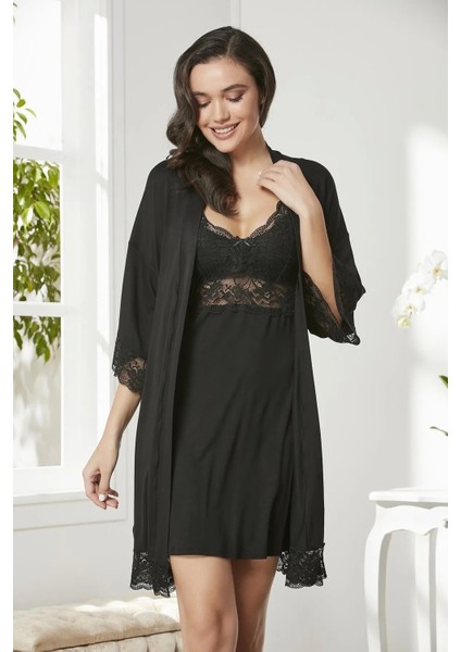 Penye Dantelli Gecelik & Sabahlık Takım - 4020 Siyah