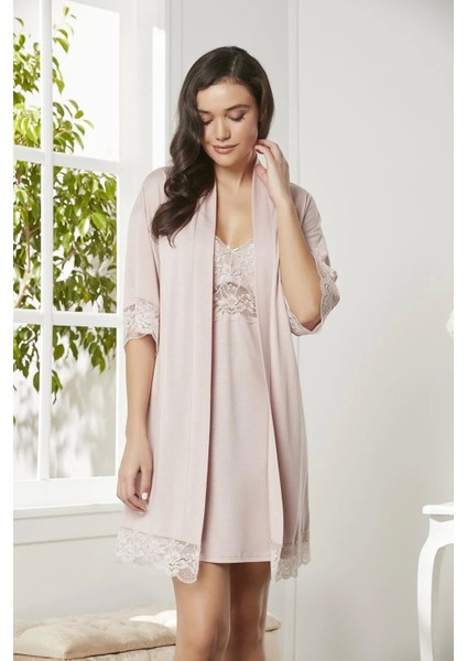Penye Dantelli Gecelik & Sabahlık Takım - 4020 Pudra fiyatları