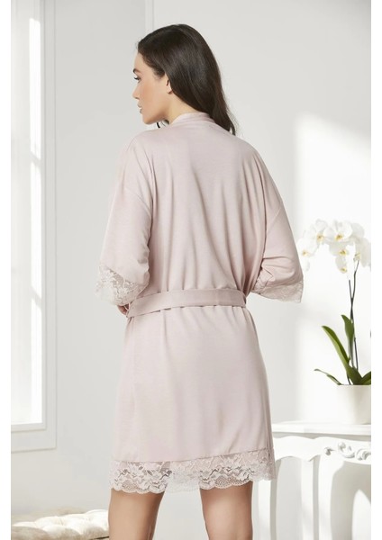 Penye Dantelli Gecelik & Sabahlık Takım - 4020 Pudra modelleri