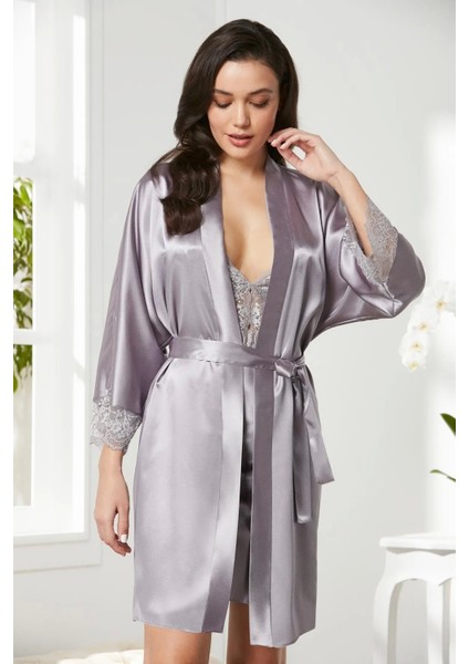 Saten Dantelli Gecelik ve Sabahlık Takımı - 4280 Royal