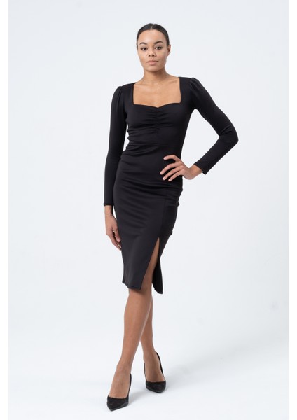 Siyah Büzgülü Yırtmaçlı Midi Uzun Kol Kadın Abiye Elbise,tasarım,hediye,büyük Beden