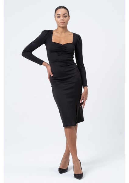 Siyah Büzgülü Yırtmaçlı Midi Uzun Kol Kadın Abiye Elbise,tasarım,hediye,büyük Beden fiyatları