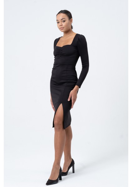 Siyah Büzgülü Yırtmaçlı Midi Uzun Kol Kadın Abiye Elbise,tasarım,hediye,büyük Beden fırsatları