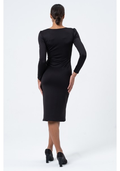 Siyah Büzgülü Yırtmaçlı Midi Uzun Kol Kadın Abiye Elbise,tasarım,hediye,büyük Beden indirimleri