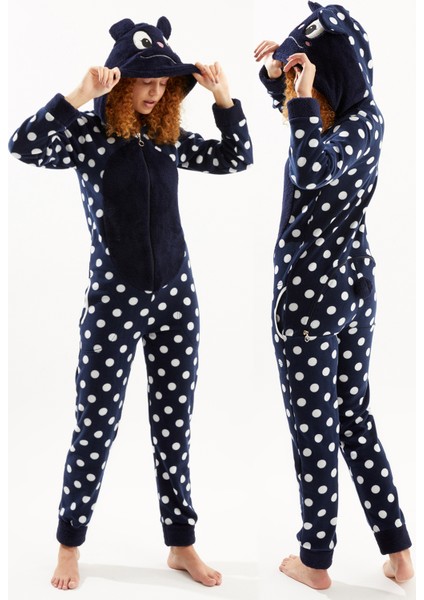 Kadın Lacivert Tavşan Puanlı Arka Fermuarlı Polar Tulum Pijama