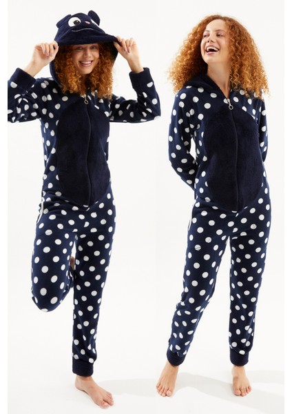 Kadın Lacivert Tavşan Puanlı Arka Fermuarlı Polar Tulum Pijama fiyatları