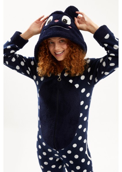 Kadın Lacivert Tavşan Puanlı Arka Fermuarlı Polar Tulum Pijama modelleri