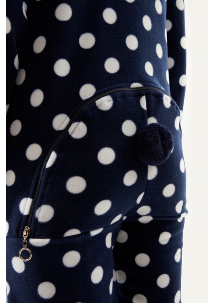Kadın Lacivert Tavşan Puanlı Arka Fermuarlı Polar Tulum Pijama