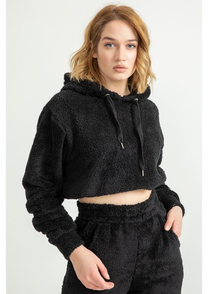 Kapüşonlu Crop Boy Oversize Kadın Sweatshirt
