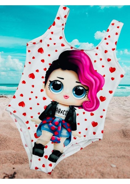 Kız Çocuk Punk Lol Rocker Boi Mor Saçlı Karakter Desen Beyaz Üzeri Kalp Desen Mayo
