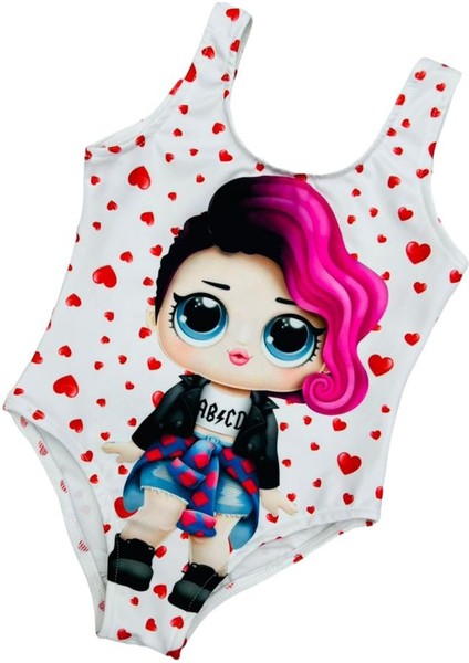 Kız Çocuk Punk Lol Rocker Boi Mor Saçlı Karakter Desen Beyaz Üzeri Kalp Desen Mayo fiyatları