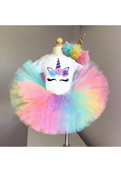 Bbays New Trend 3 Lü Unicorn Tütü Etek ,unicorn Tişort/badi,kız Çoçuk Tütü Etek,unicorn Tütü Etek Seti Kısa Kol