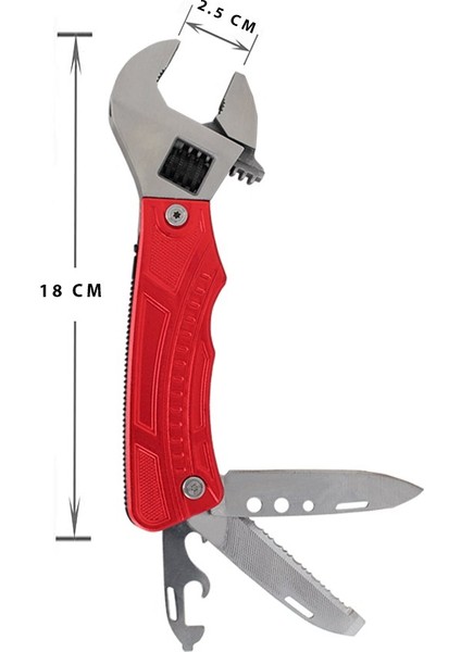 12 Fonksiyonlu Paslanmaz Çelik Kurbağacık Ingiliz Anahtarı - Kırmızı