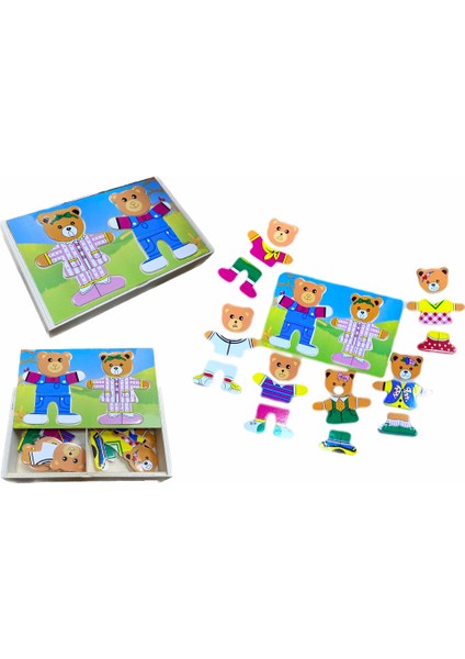 Eğitici Ahşap Oyuncak 2'li Ayı Ailesi Ahşap Kıyafet Giydirme Oyunu