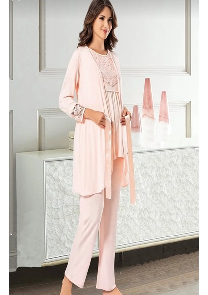 Kadın Bordo 3'lü Emzirme Detaylı Uzun Kollu Lohusa Pijama Gecelik Takımı 3845 TP-3845