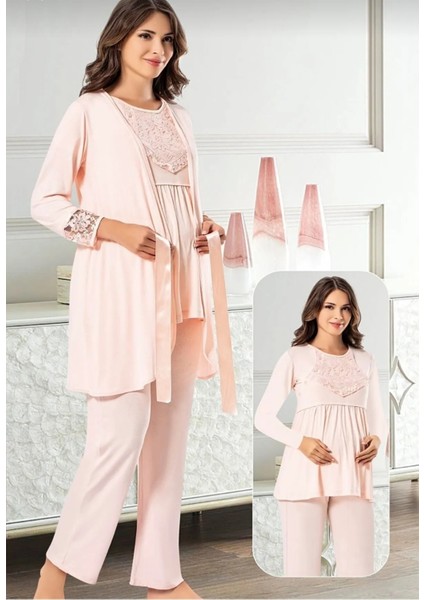 Kadın Bordo 3'lü Emzirme Detaylı Uzun Kollu Lohusa Pijama Gecelik Takımı 3845 TP-3845 fiyatları