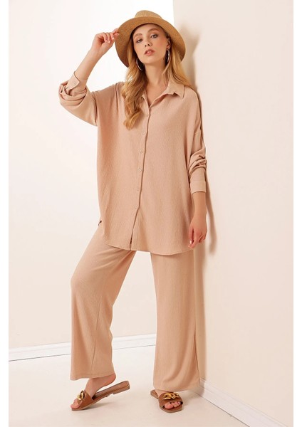 Kadın Bej Oversize Alt-Üst Ikili Örme Takım HZL23W-BD158581