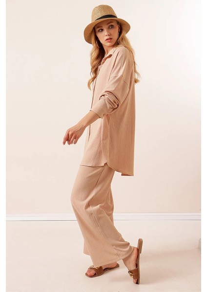 Kadın Bej Oversize Alt-Üst Ikili Örme Takım HZL23W-BD158581