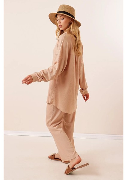 Kadın Bej Oversize Alt-Üst Ikili Örme Takım HZL23W-BD158581