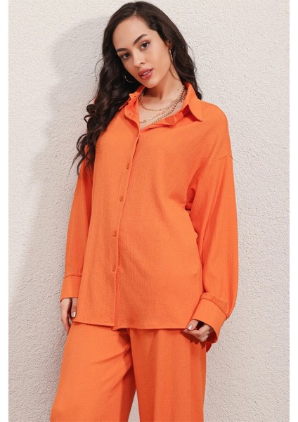 Kadın Oranj Oversize Alt-Üst Ikili Örme Takım HZL23W-BD158581