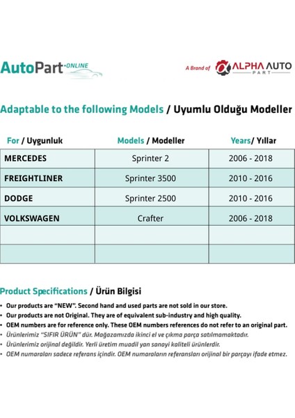 Alpha Auto Part  Vw Crafter ve Mercedes Sprinter Için Ön Cam Su Fıskiye Memesi Hortumlu