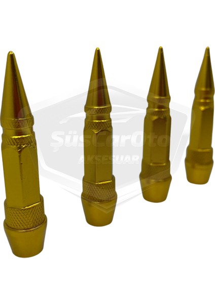 Sivri Sibop Kapağı Mermi Sibop Kapağı Araba Motosiklet Bisiklet Metal 4 Lü Set Altın Sarı