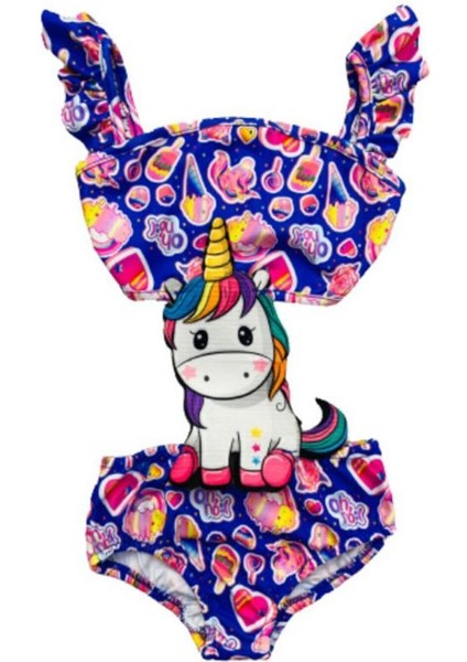 Kız Çocuk Mayokini Mor Unicorn Dondurma Temalı Mor Renk Kol Fırfırlı - Son Sezon Kostüm Mayo