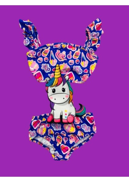 Kız Çocuk Mayokini Mor Unicorn Dondurma Temalı Mor Renk Kol Fırfırlı - Son Sezon Kostüm Mayo fiyatları