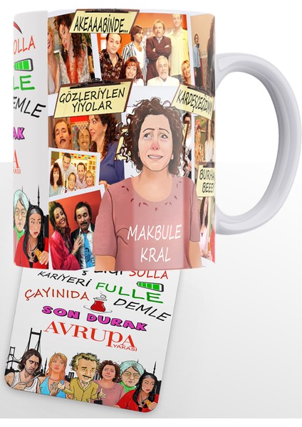 Avrupa Yakası Serisi Makbule Kral Baskılı Porselen Kupa, Ahşap Bardak Altlığı Hediyeli