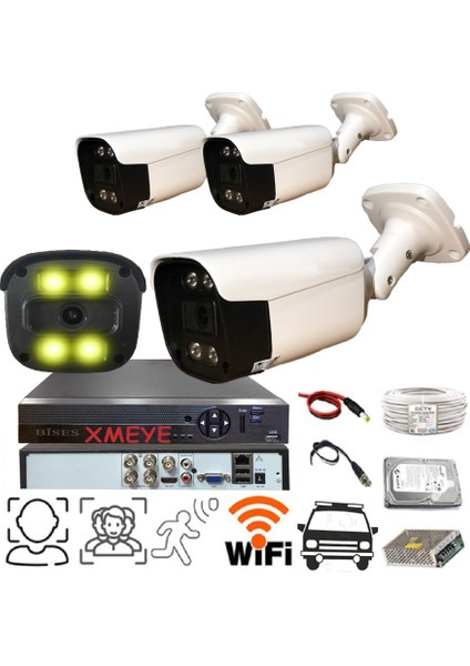 3 Kameralı Araç Yüz ve İnsan Tanımalı Hareket Algılayan 5 Mp Lens 1080P Gece Renkli Gösteren Metal Kasa Güvenlik Kamerası Seti BS2404W