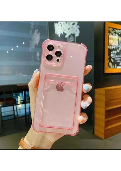 Meri Case Apple iPhone 11 Pro Max Uyumlu Kartlıklı Pembe Şeffaf Kılıf Cüzdanlı Silikon Arka Kapak