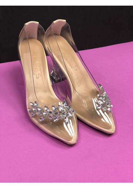 Stiletto Model Şeffaf Taşlı Orta Boy Topuklu Kadın Abiye Ayakkabı