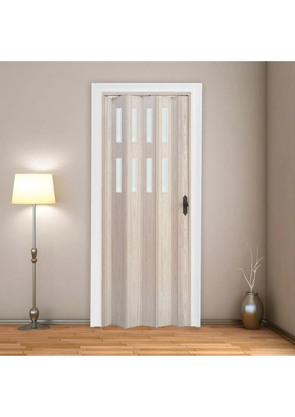 115 x 215 Akçaağaç Renk Camlı Pvc Akordiyon Katlanır Kapı - Frnakmodel-51
