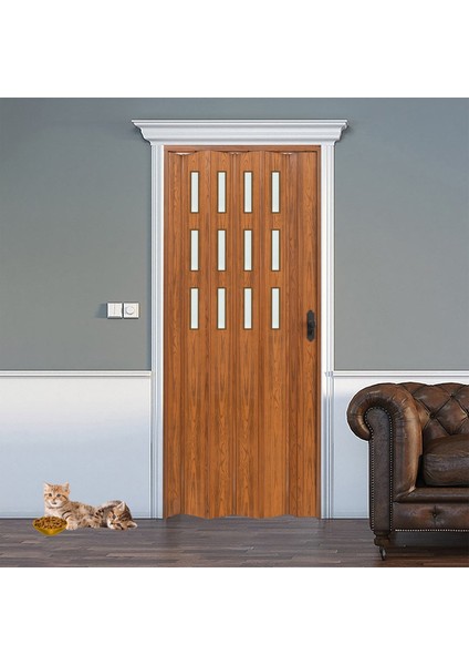 145 x 215 Ceviz Renk Camlı Pvc Akordiyon Katlanır Kapı - Frnakmodel-100