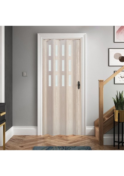 87 x 230 Akçaağaç Renk Camlı Pvc Akordiyon Katlanır Kapı - Frnakmodel-131
